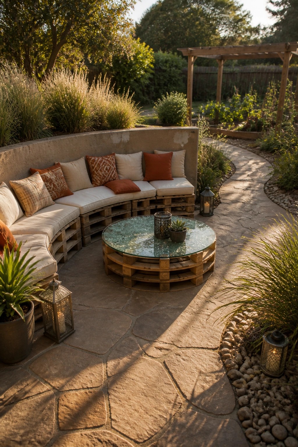 A curved pallet wood bench with cushions on a stone patio, paired with a round pallet table topped with glass and surrounded by lanterns and plants.