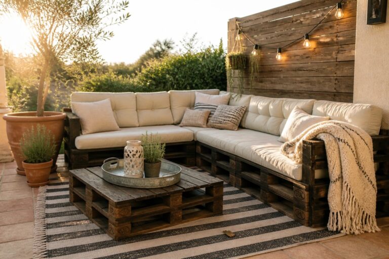 20 Elegant Pallet Outdoor Furniture Ideas to Make a Patio Feel Finished and Pulled Together A patio corner furnished with dark wooden pallet sofas topped with white cushions, a matching pallet coffee table holding a metal tray, string lights on a wooden wall, potted plants, and a striped rug.