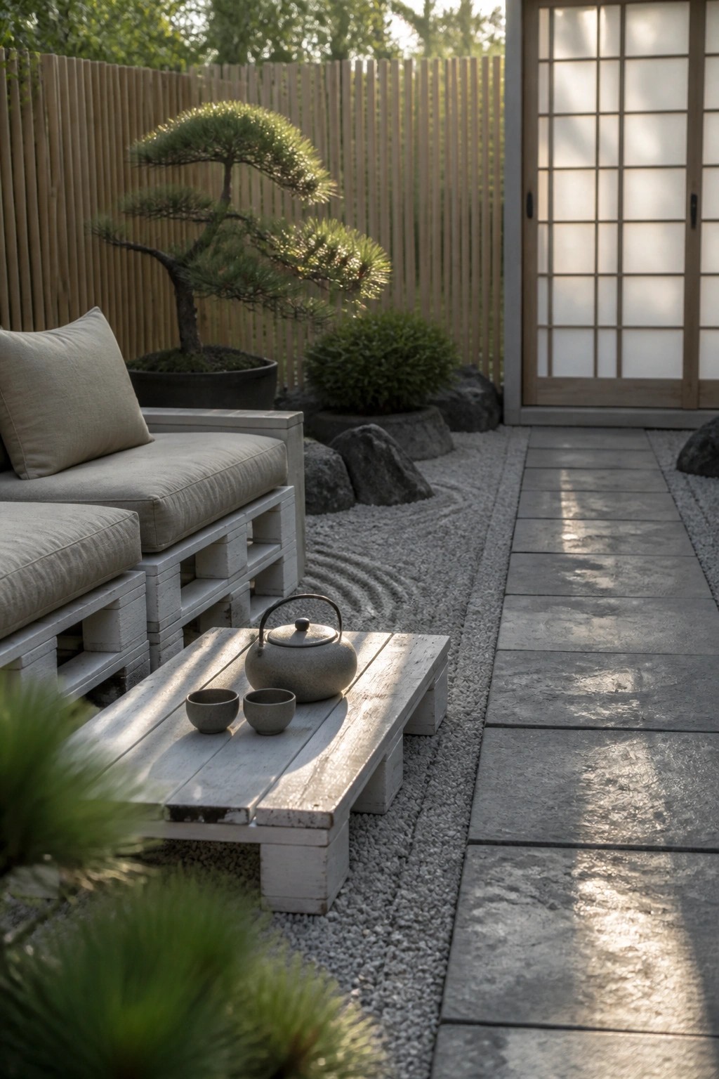 A low whitewashed pallet bench and table with two small cups and a teapot sit next to a raked gravel area and stone path, with bonsai trees and a wooden shoji screen door visible in the background.