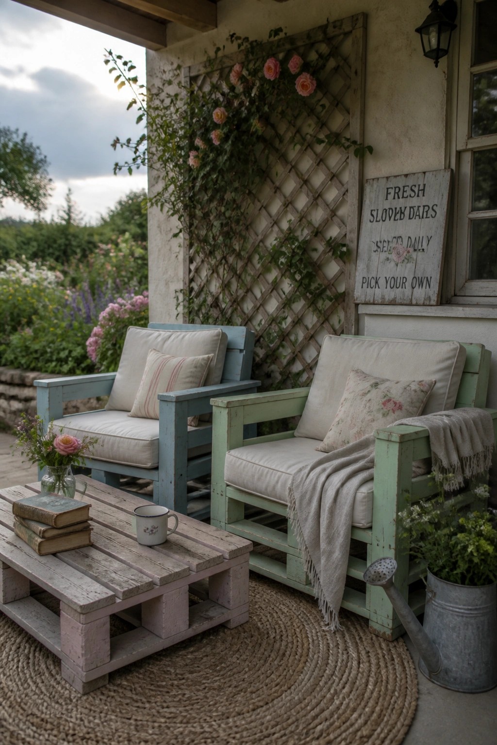 Two painted pallet armchairs and a matching coffee table sit on a round jute rug on a patio, with cushions, a throw, and garden accessories nearby.