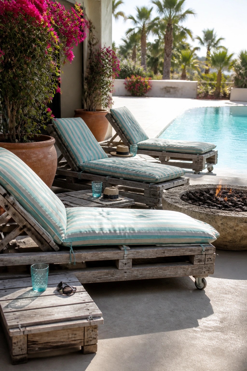 Several wooden pallet lounge chairs with striped cushions arranged on a concrete patio beside a swimming pool and a round stone fire pit.