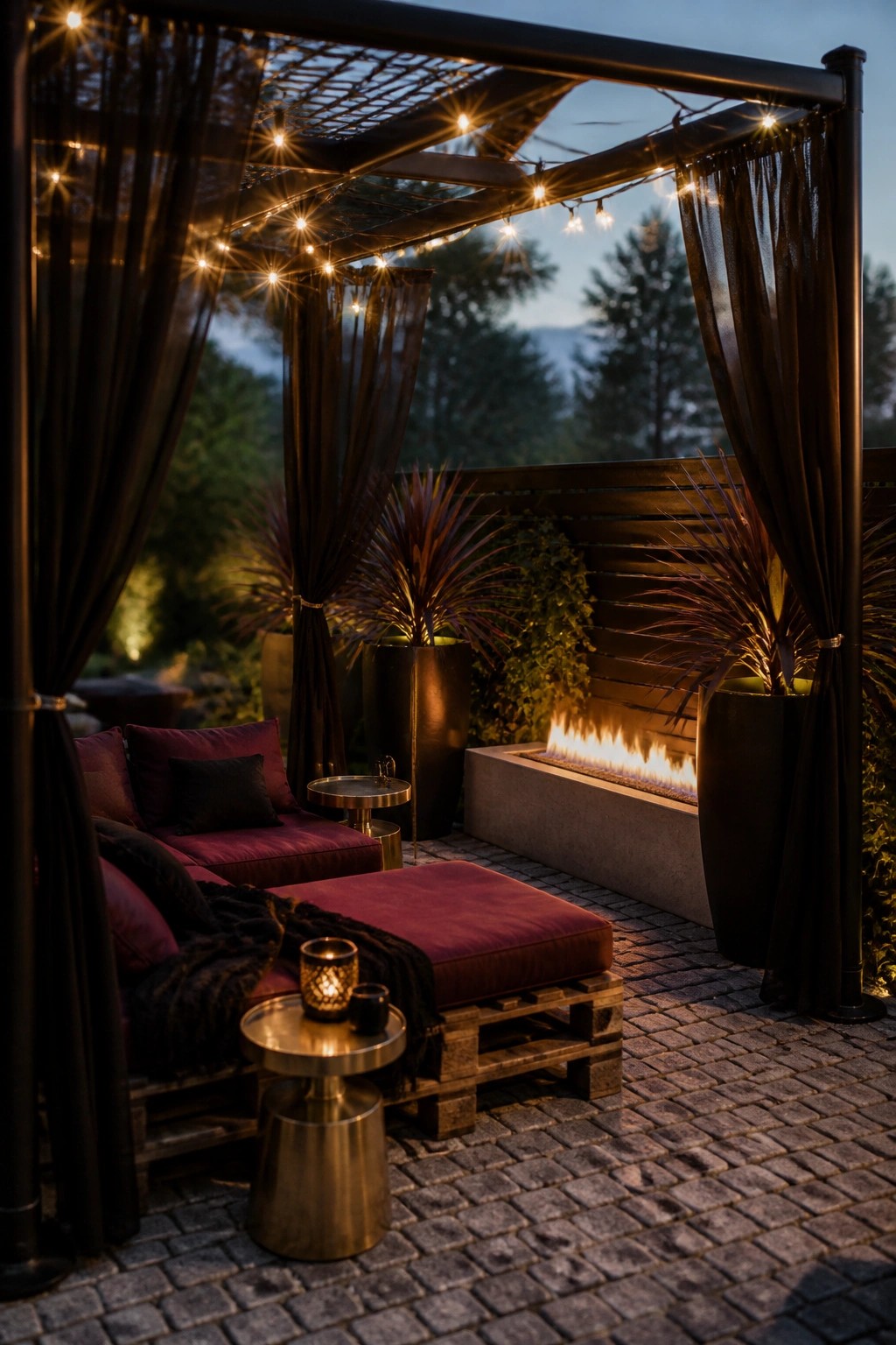 An outdoor patio at dusk with pallet lounge seating in red cushions, sheer dark curtains, string lights overhead, and a concrete fire pit.