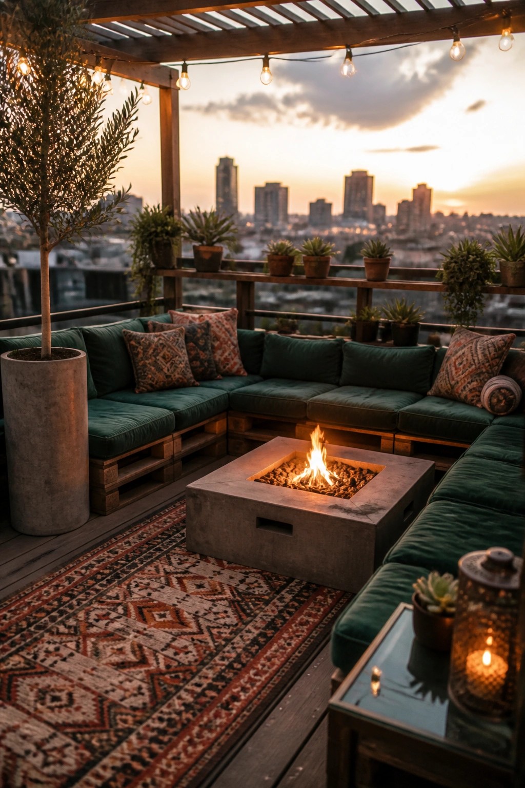 A rooftop patio with an L-shaped sectional sofa made from wooden pallets and green cushions arranged around a concrete fire pit at sunset.