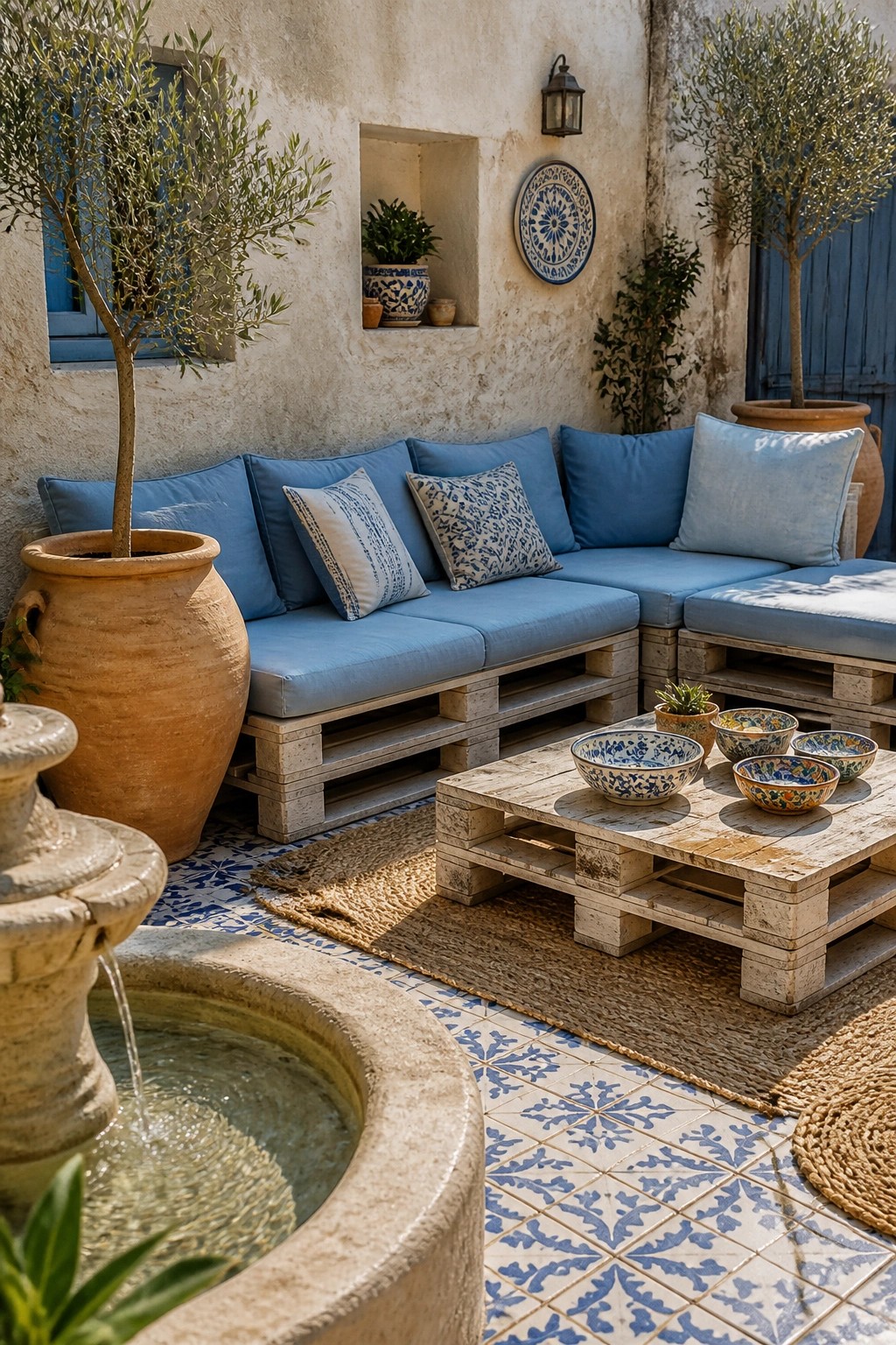 A patio with a large L-shaped sectional sofa and matching coffee table made from wooden pallets, topped with blue cushions and patterned pillows, next to a stone fountain and potted trees.