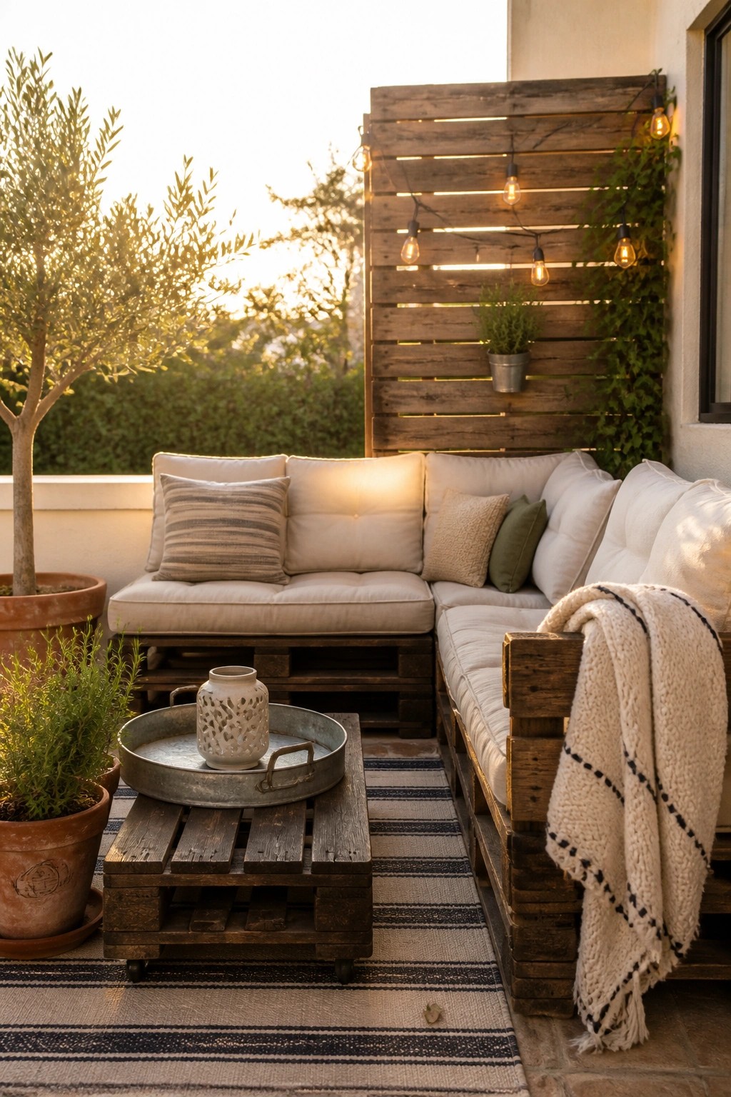 A patio corner furnished with dark wooden pallet sofas topped with white cushions, a matching pallet coffee table holding a metal tray, string lights on a wooden wall, potted plants, and a striped rug.