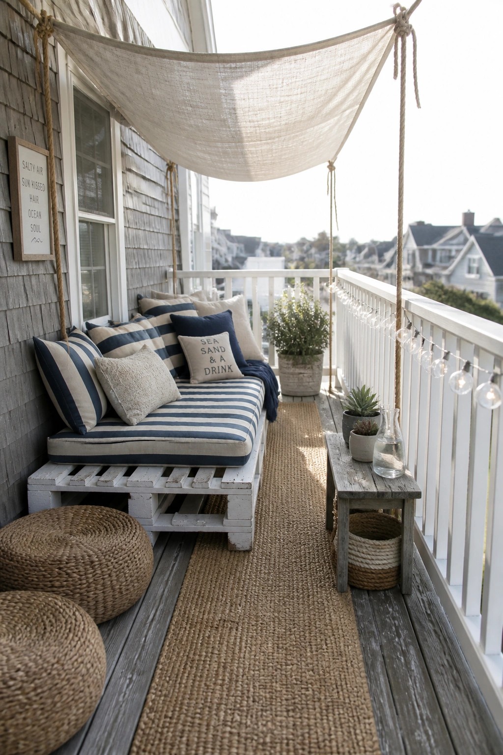 A white-painted wooden pallet daybed with striped cushions and pillows on a balcony, paired with a jute rug and potted plants.