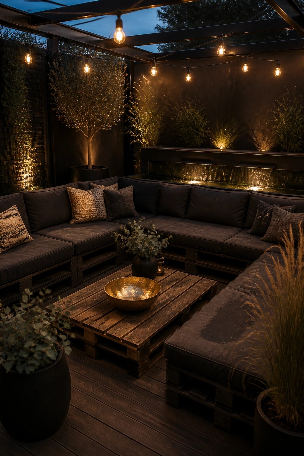 An outdoor patio at dusk with a U-shaped sectional sofa built from dark wooden pallets, a matching pallet coffee table, string lights overhead, a water feature in the background, and several potted plants.