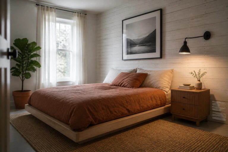 A bedroom with a white wooden plank wall behind a bed dressed in rust and beige linens, a window with sheer curtains, and a potted plant in the corner.