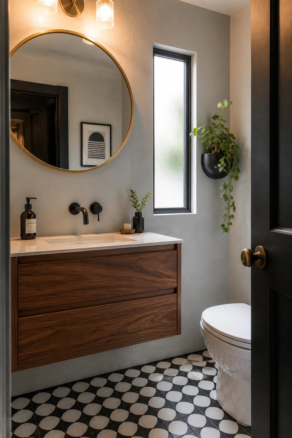 A bathroom interior featuring light gray painted walls, a floating walnut vanity with white countertop, a round gold-framed mirror, black fixtures, and a tall narrow window with frosted glass.