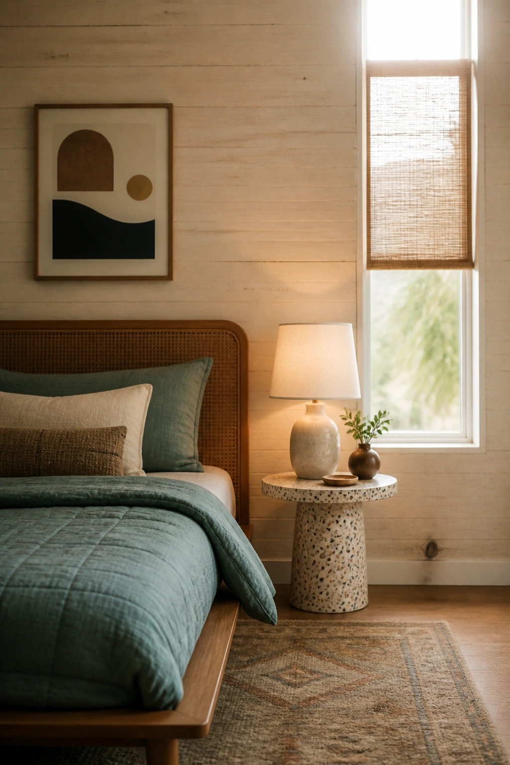 A bedroom interior featuring a light wood plank wall, a wooden bed with teal and neutral bedding, a terrazzo side table with a lamp, and a window with a woven blind.