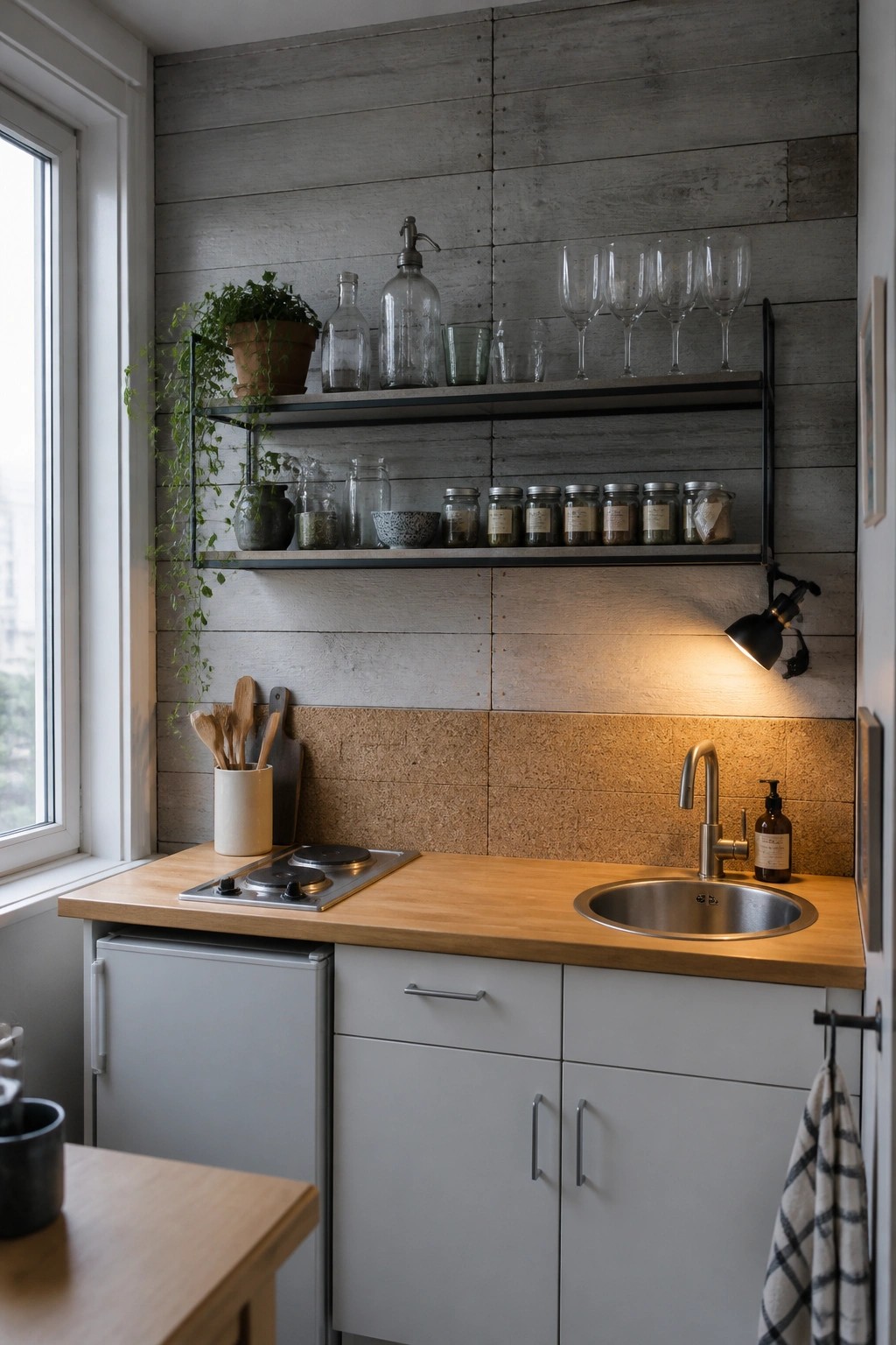 A kitchen with a light gray pallet wood wall, open black shelves holding glassware and jars, a wooden countertop, and a stainless steel sink under a wall-mounted light.