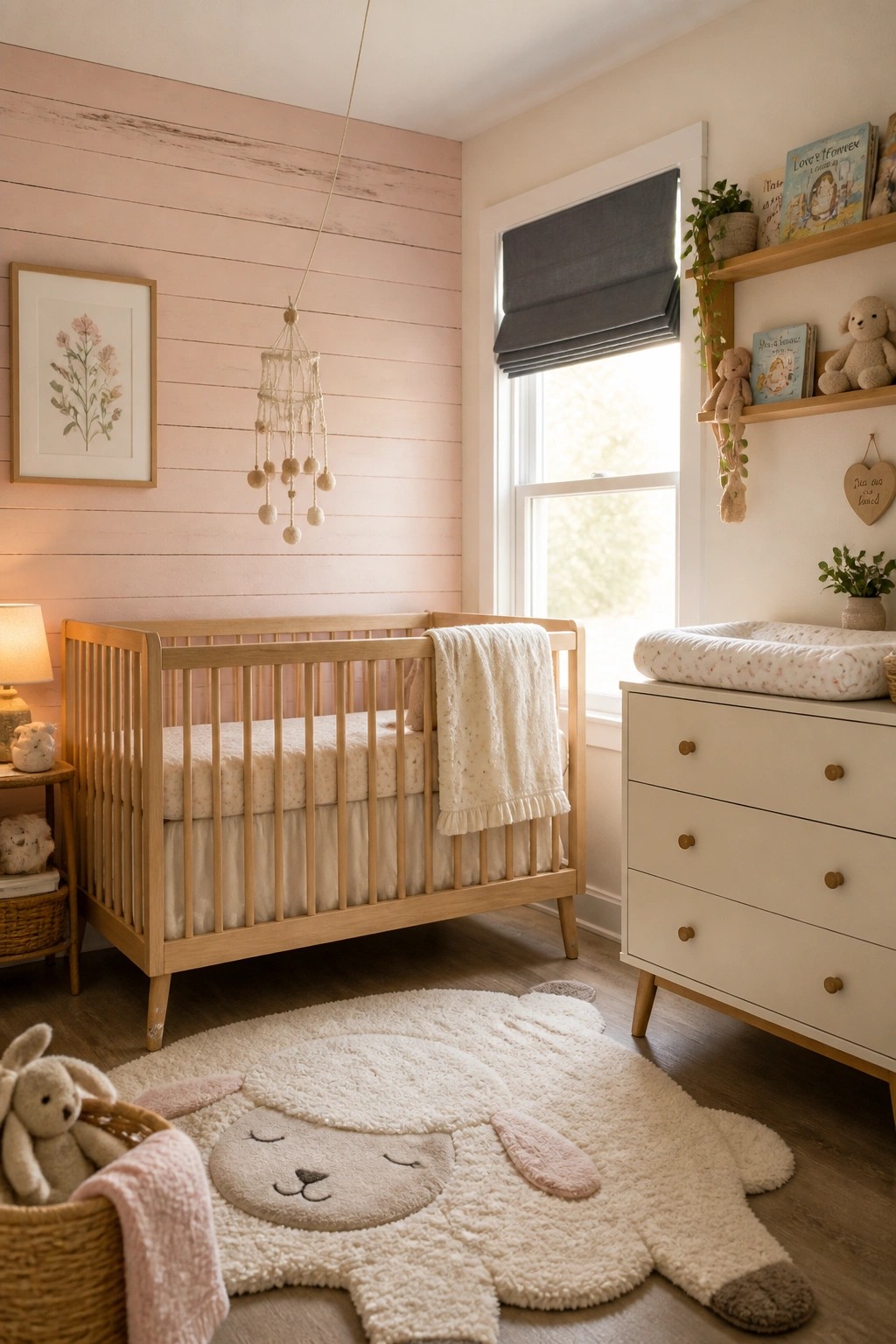 A nursery interior with horizontal light pink painted wood plank walls, a wooden crib, and a sheep-shaped rug on the floor.