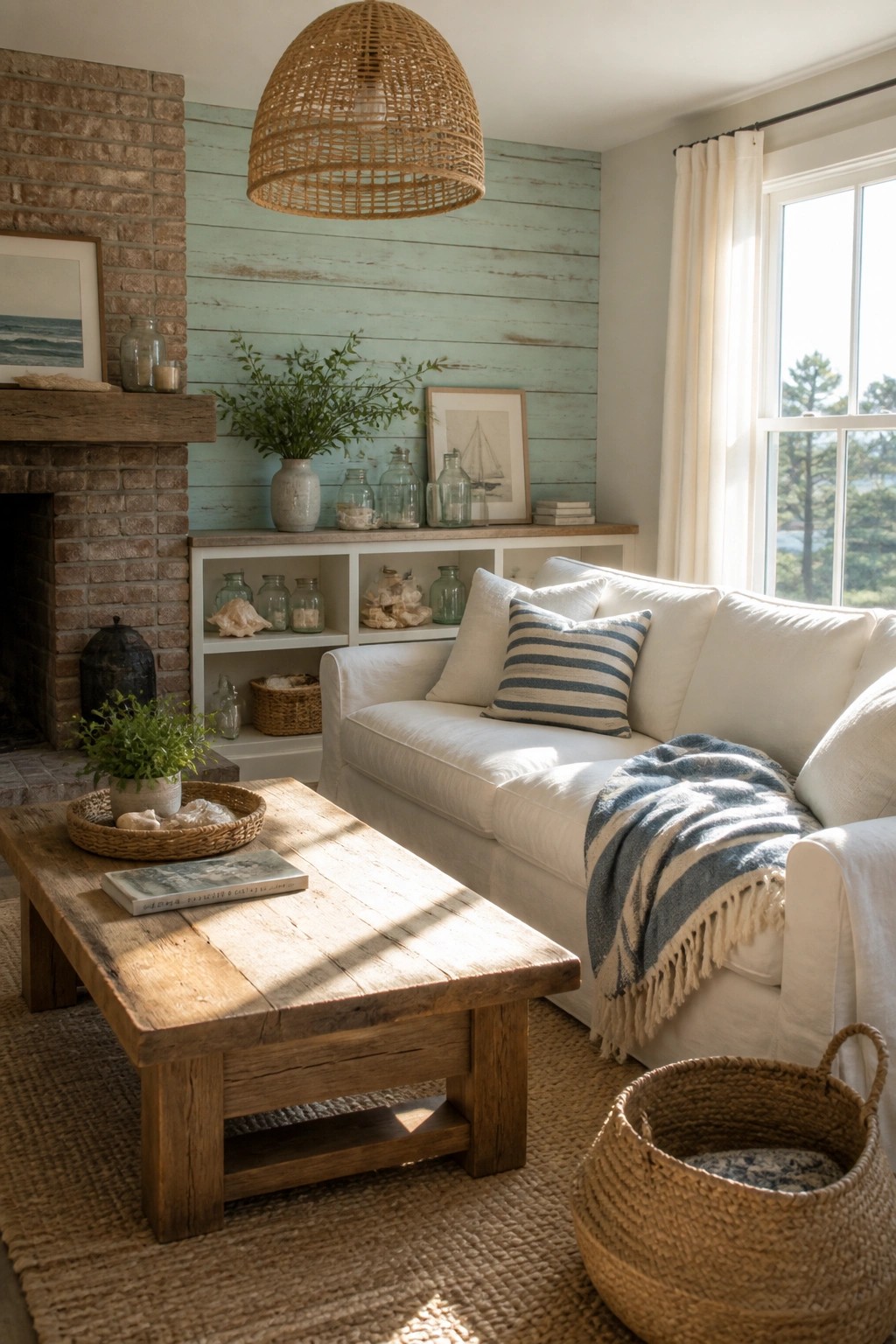 A living room with a white sofa in front of a light green painted wood plank wall beside a brick fireplace.