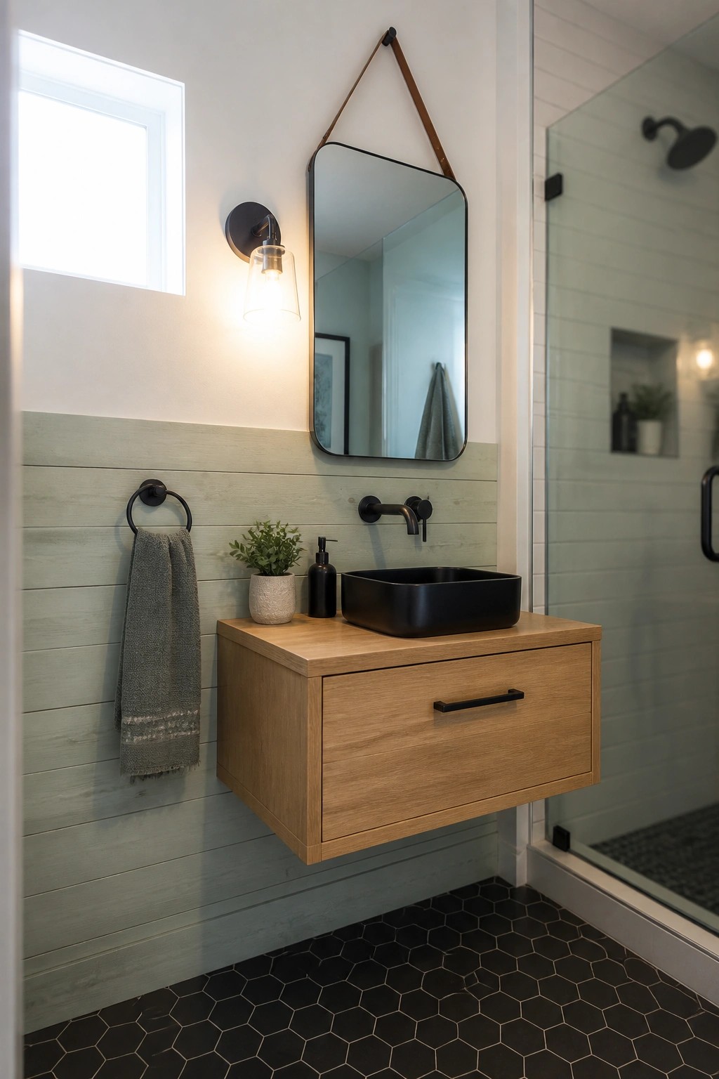 A bathroom vanity with a black sink sits below a hanging mirror, set against a light green horizontal wood plank wall with a towel ring and small plant.