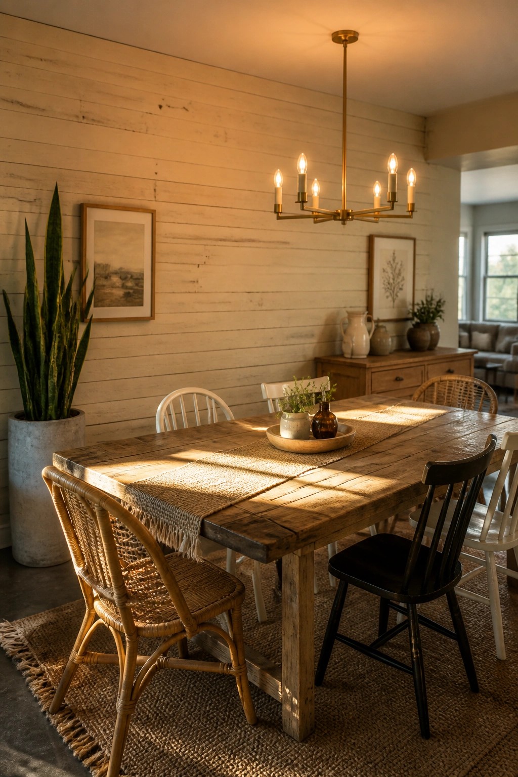 A dining room featuring a light wood plank accent wall, a rustic wooden table with a burlap runner, and a mix of wooden and black chairs under a brass chandelier.