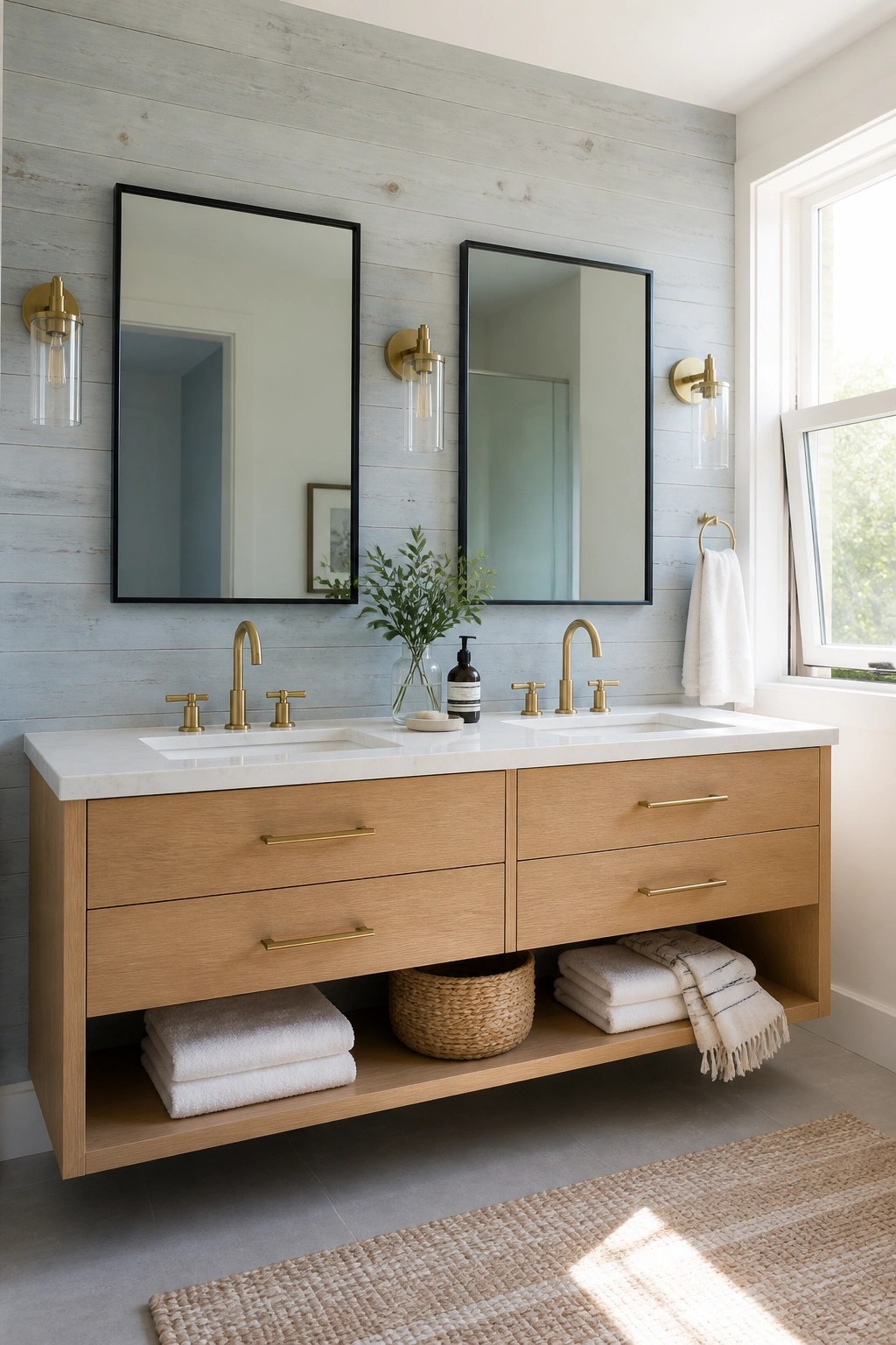 A double vanity bathroom with a light gray horizontal wood plank wall, two black-framed mirrors, brass faucets, and an open shelf holding towels and a basket.