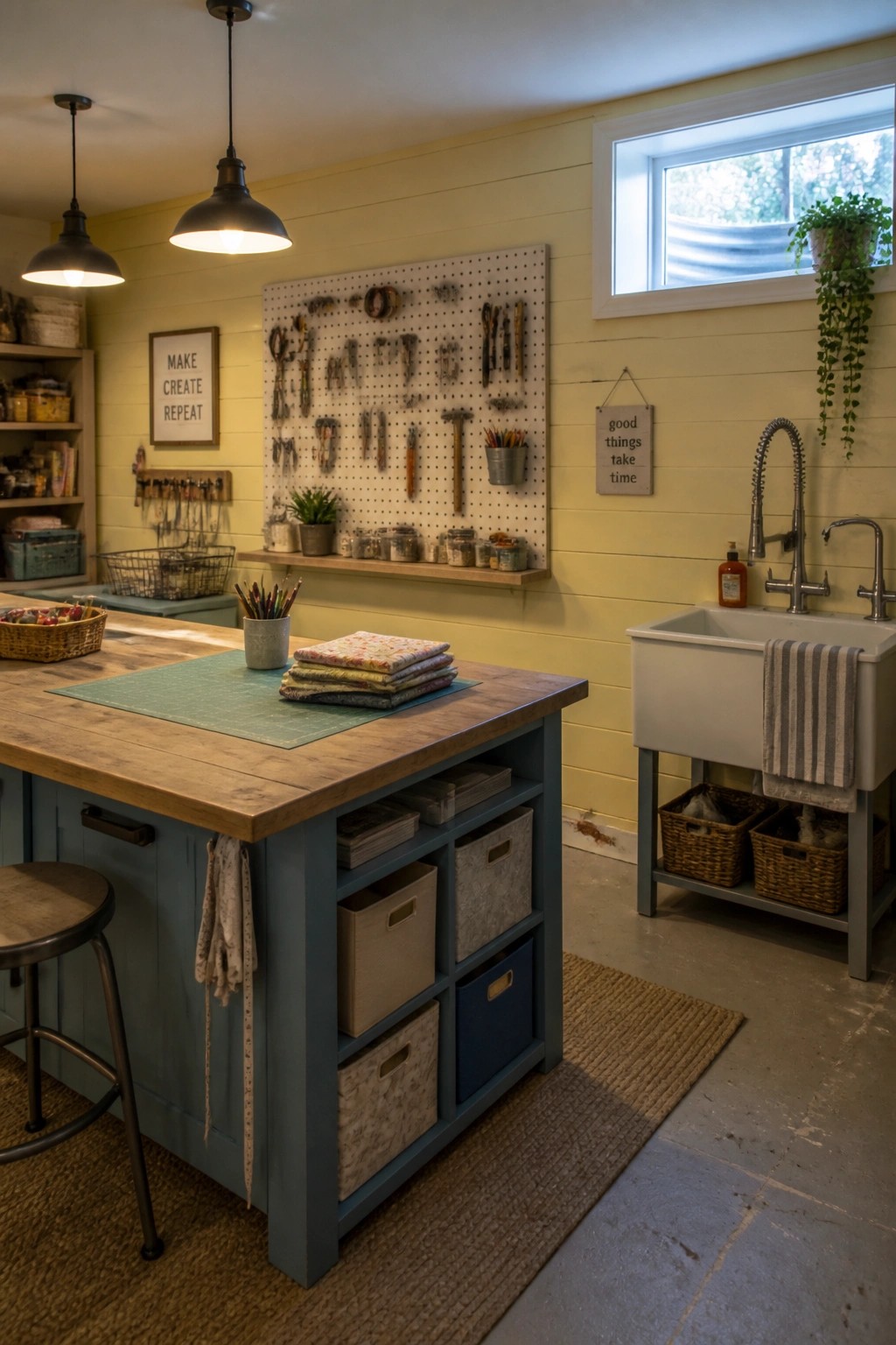 A craft room interior with light yellow shiplap walls, a blue island workbench topped with a cutting mat, pegboard storage, and a white sink area.