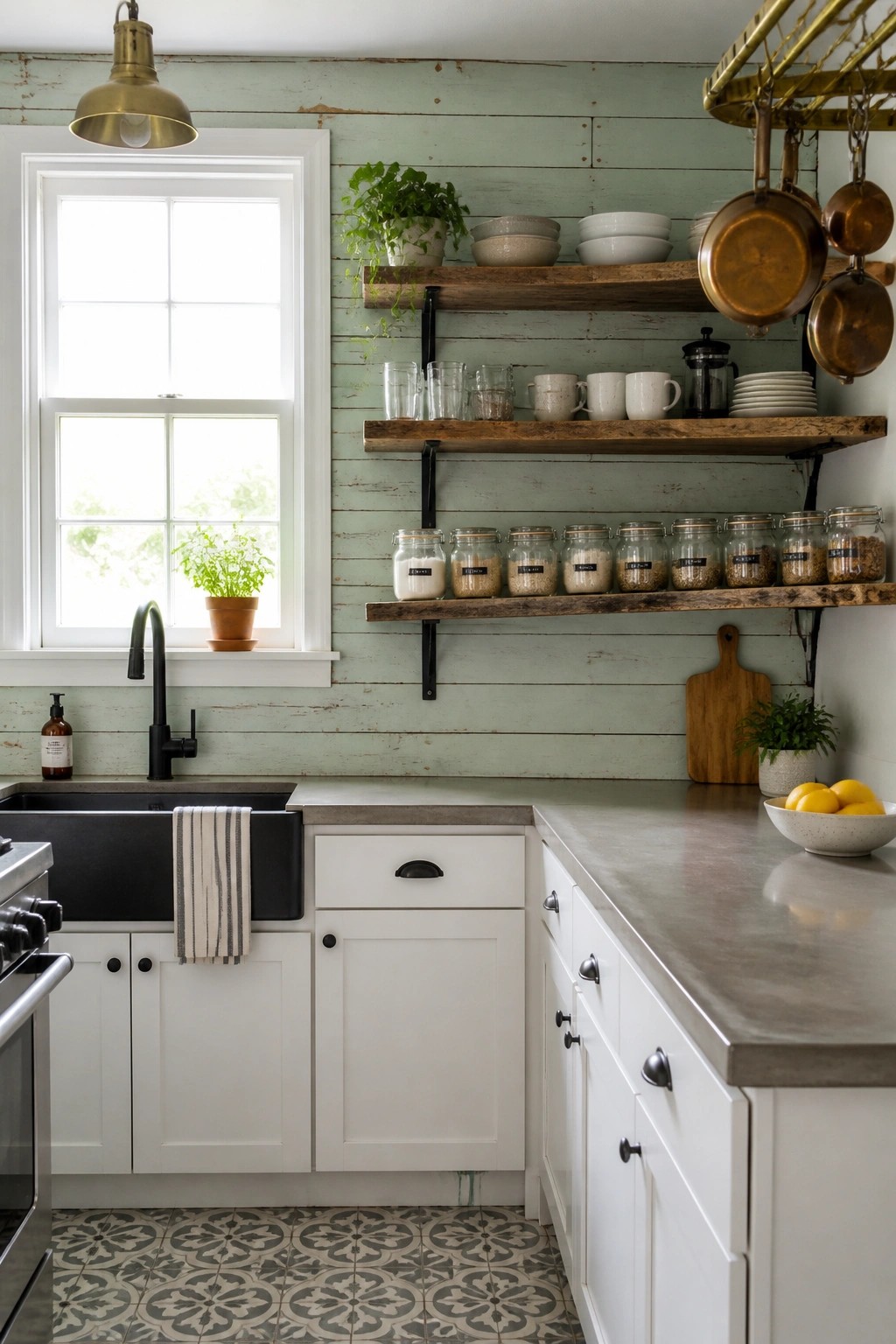Rustic kitchen with white cabinets, black sink, and open shelves on green wall