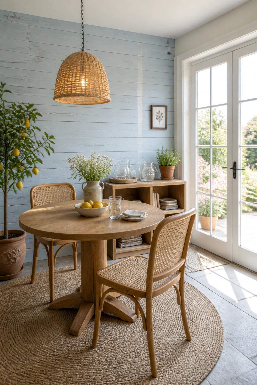 A round wooden dining table with cane-back chairs sits on a woven rug beneath a large woven pendant light, set against a light blue painted wood plank wall.