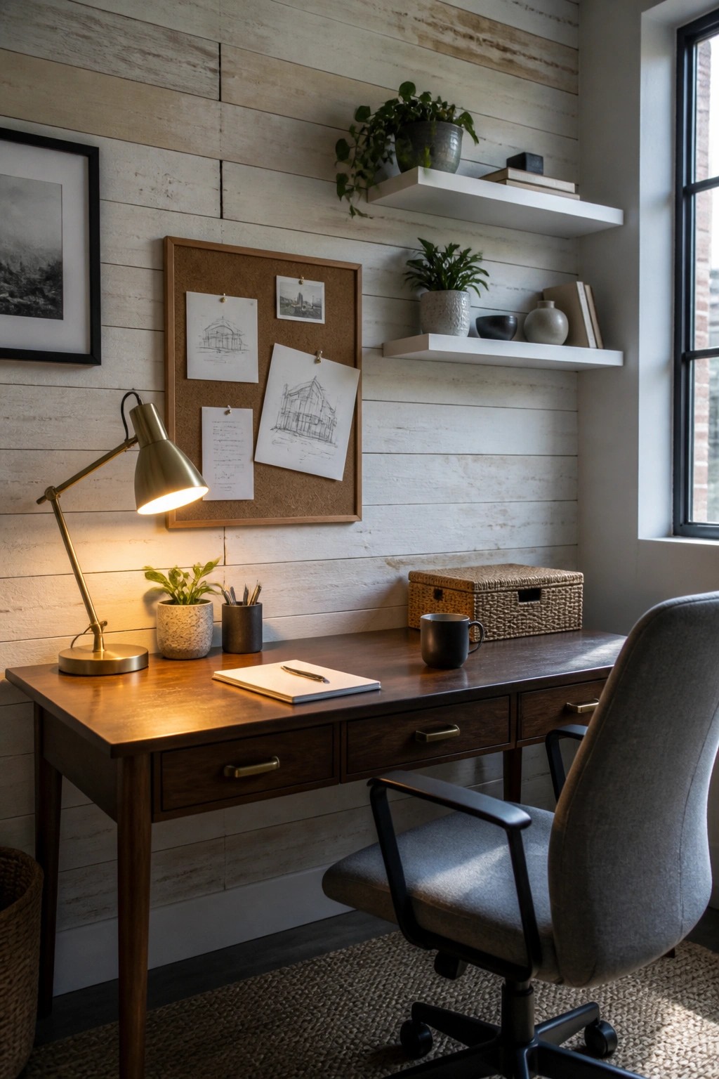A home office featuring a dark wood desk, gray upholstered chair, brass desk lamp, corkboard, and light wooden pallet wall with floating shelves.