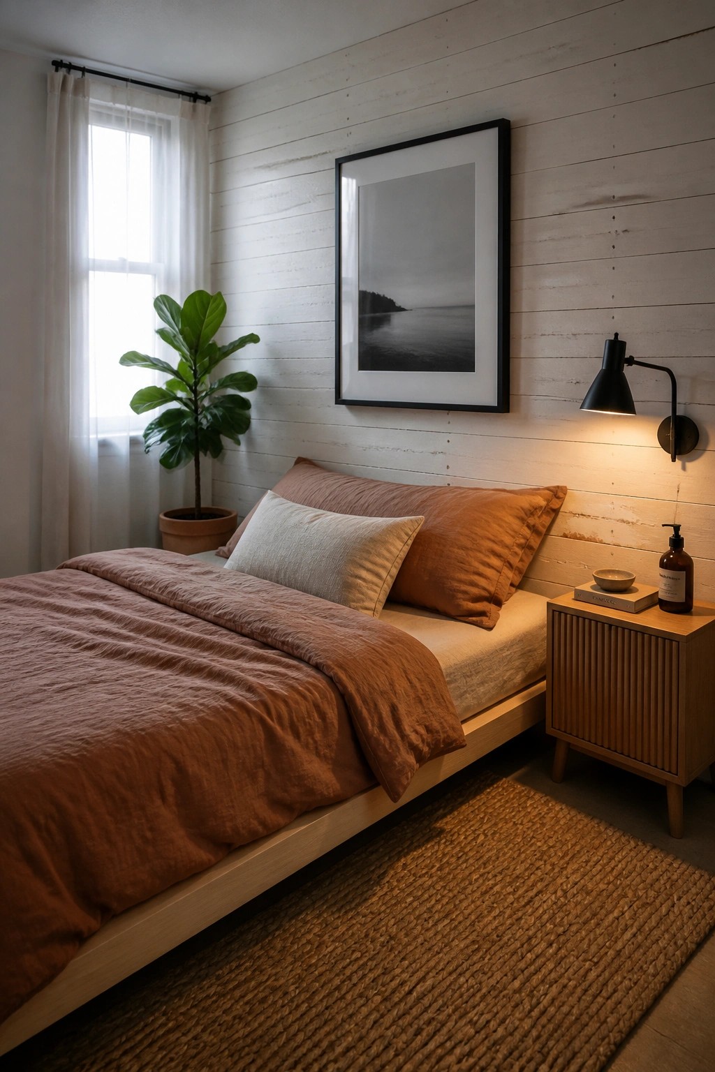 A bedroom with a white wooden plank wall behind a bed dressed in rust and beige linens, a window with sheer curtains, and a potted plant in the corner.