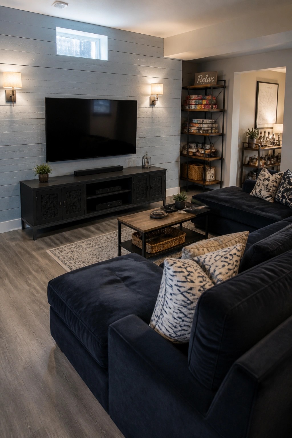 Living room interior with a light blue painted wood plank accent wall behind a wall-mounted television, dark blue sectional sofa, wooden coffee table, and black metal shelving unit.