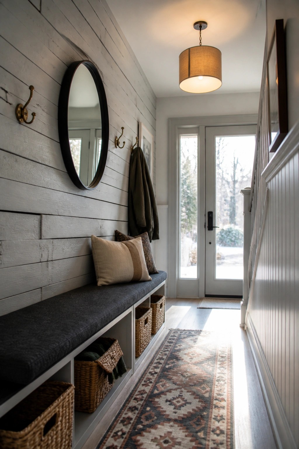 A narrow interior entry hallway with light gray painted wood plank walls, a built-in bench with storage baskets, a round black mirror, wall hooks, and a white door at the end.