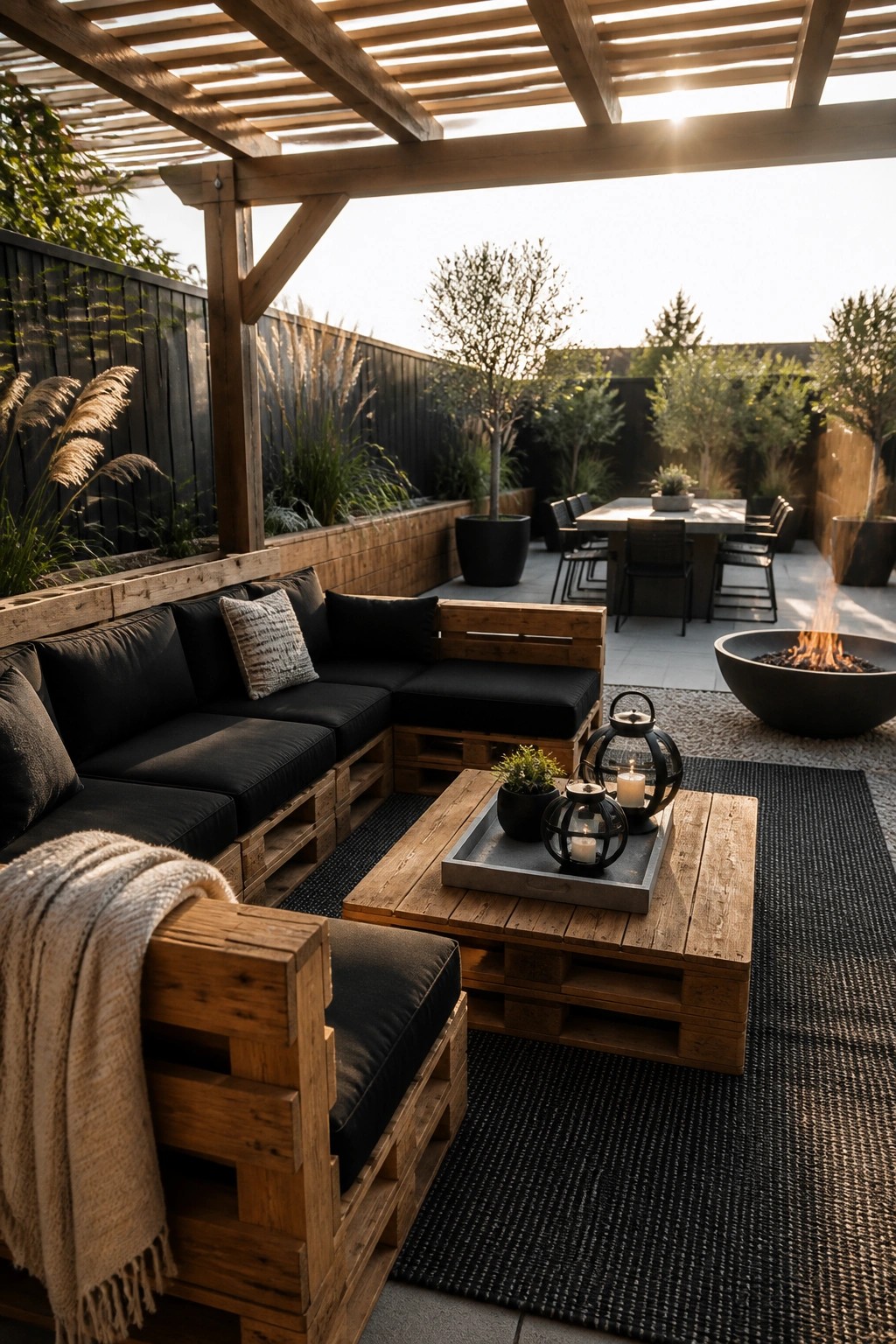 An outdoor patio with a large L-shaped pallet sofa featuring black cushions, a wooden pallet coffee table, a fire pit, and a pergola overhead.