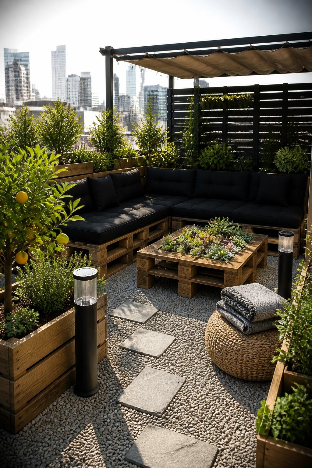 Rooftop terrace with L-shaped pallet sofa topped with black cushions, a matching pallet coffee table holding succulents, gravel ground with stone pavers, and city buildings in the background.