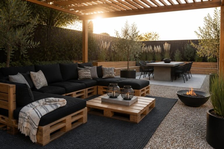 20 Modern Pallet Outdoor Furniture Ideas Using Clean Lines, Black Cushions, and Simple Stain An outdoor patio with a large L-shaped pallet sofa featuring black cushions, a wooden pallet coffee table, a fire pit, and a pergola overhead.