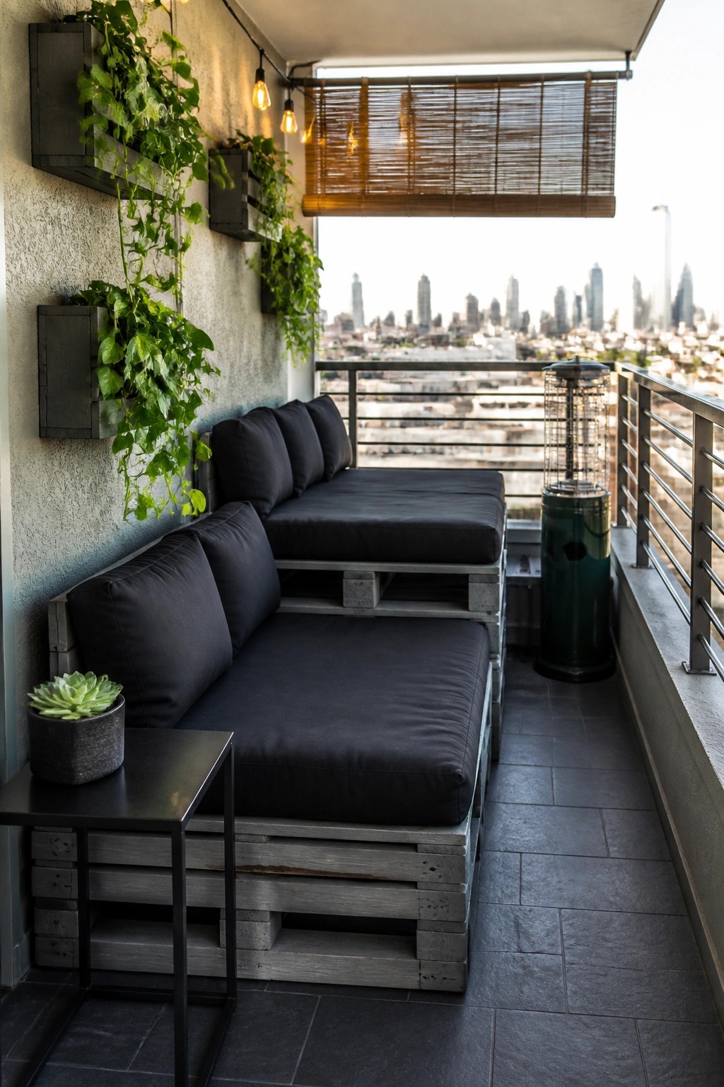 Modern balcony with pallet sofas, black cushions, plants, and city view