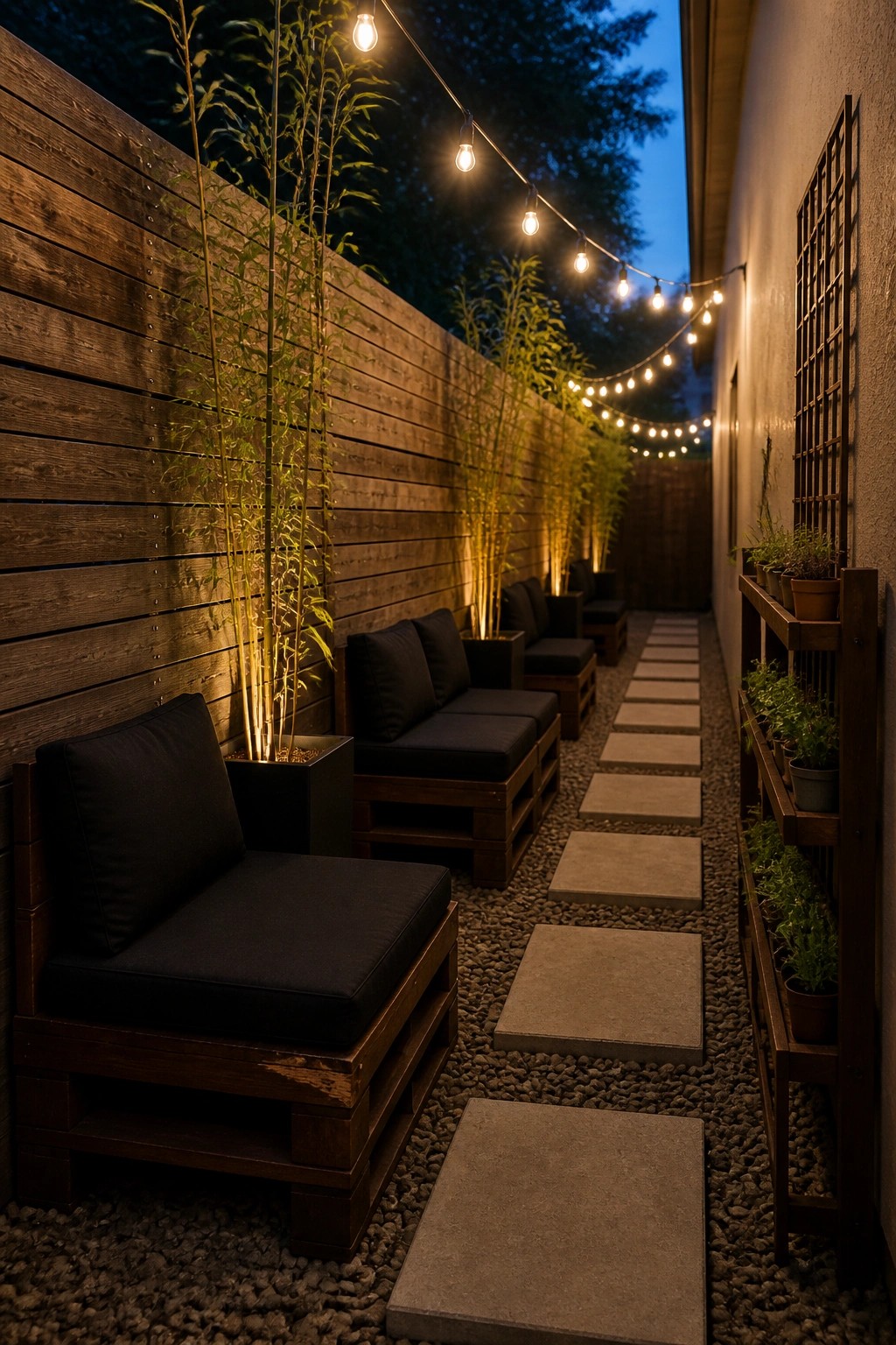 A narrow outdoor space with pallet seating and black cushions arranged along a wooden wall, string lights overhead, and concrete stepping stones on gravel.