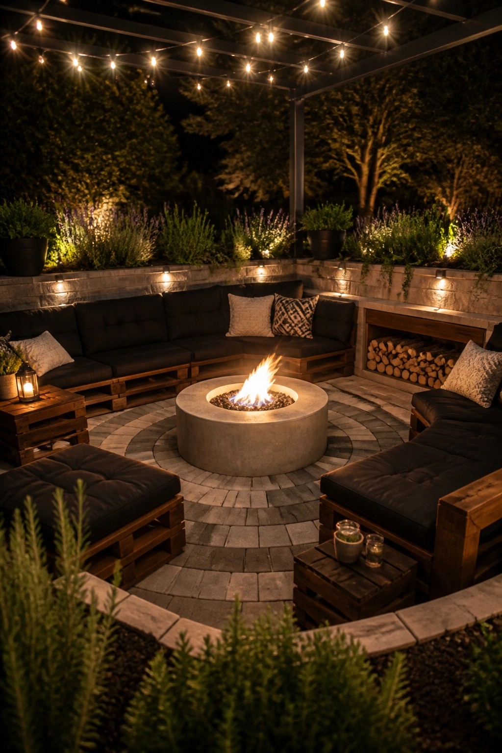 An outdoor patio at night features a circular arrangement of stained pallet seating with black cushions surrounding a concrete fire pit, with string lights overhead.