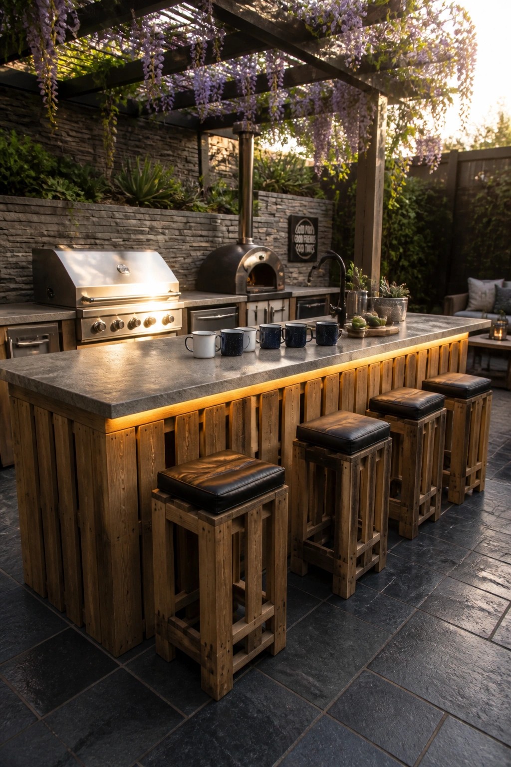 An outdoor kitchen bar built from stained pallet wood with a concrete top, stainless grill, and four stools with black cushions arranged along one side.