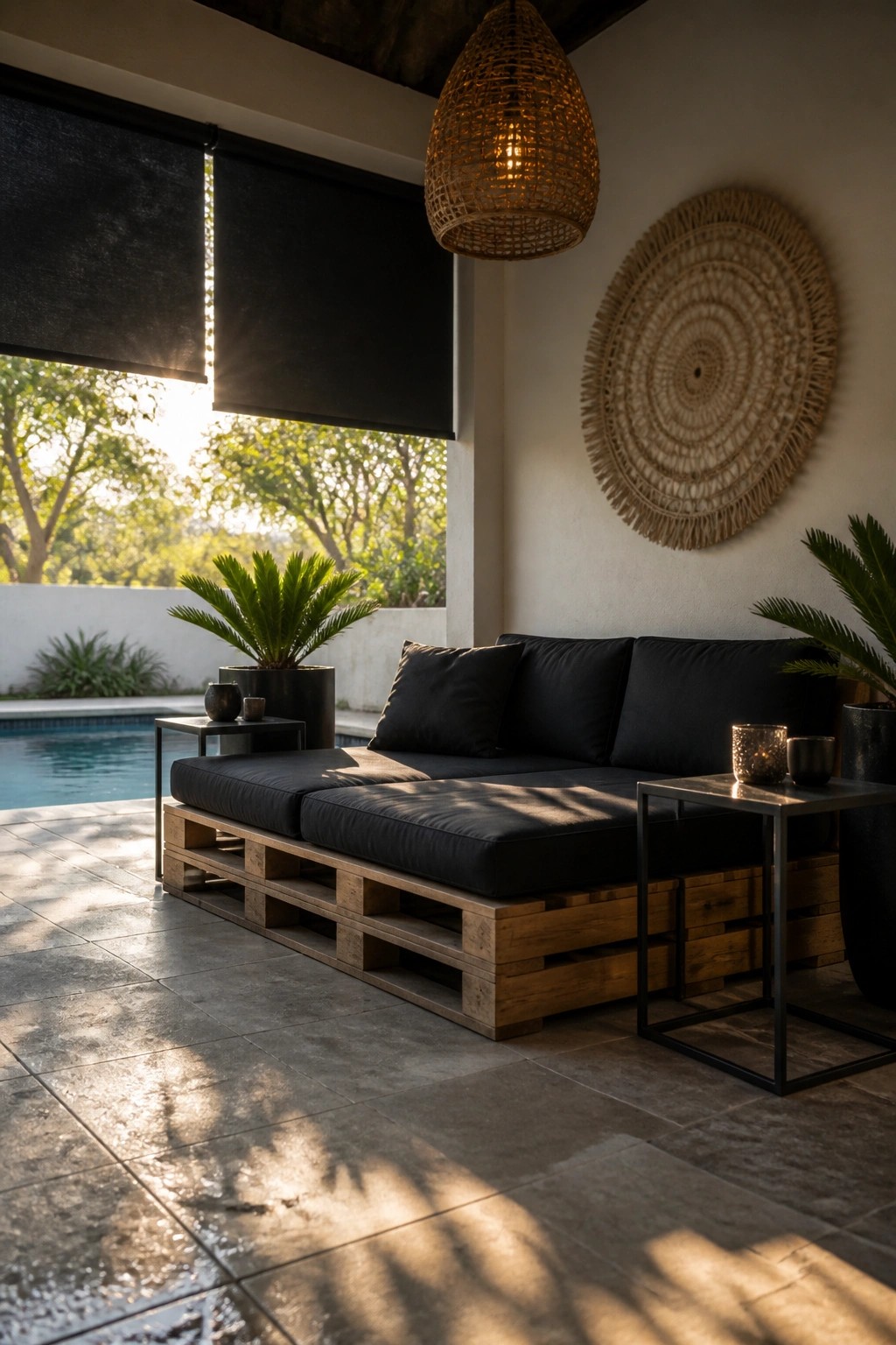 An outdoor patio shows a low sofa built on wooden pallets with black cushions, placed beside a pool with potted plants and side tables.