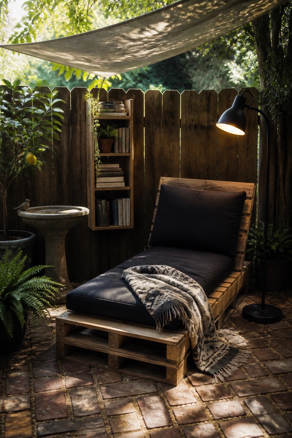A wooden pallet chaise lounge with black cushions and a patterned throw on a brick patio beside a fence with built-in shelves and a standing lamp.