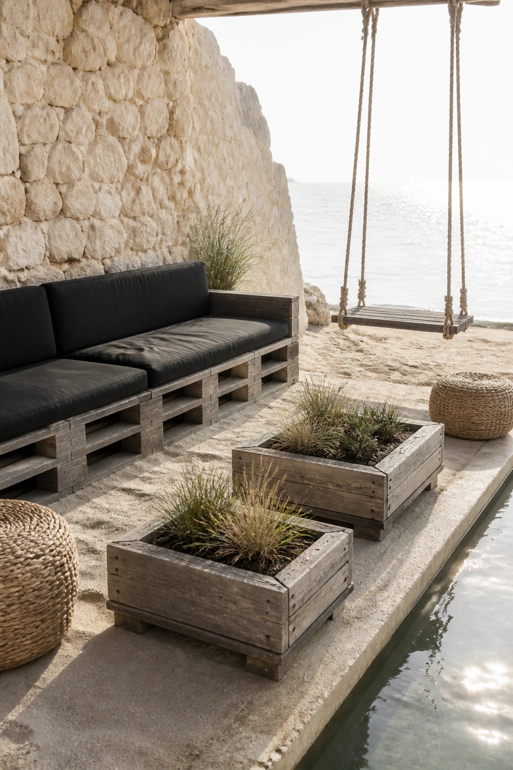 Wooden pallet sofa with black cushions on a sandy area beside a stone wall, with wooden planters, a rope swing, and the sea in view.