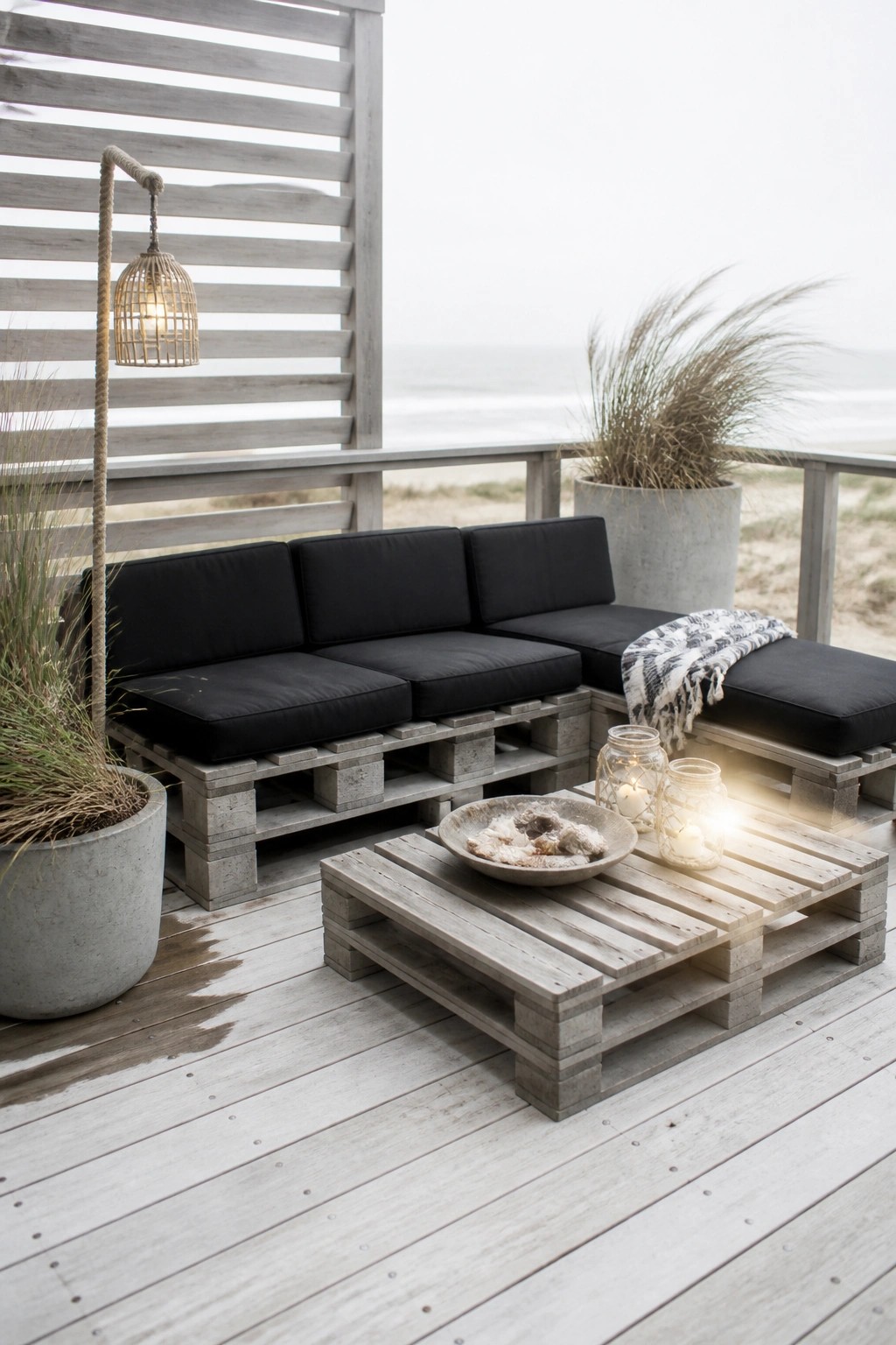 Wooden pallet sofa and coffee table with black cushions on a gray deck, accompanied by lanterns and potted plants.