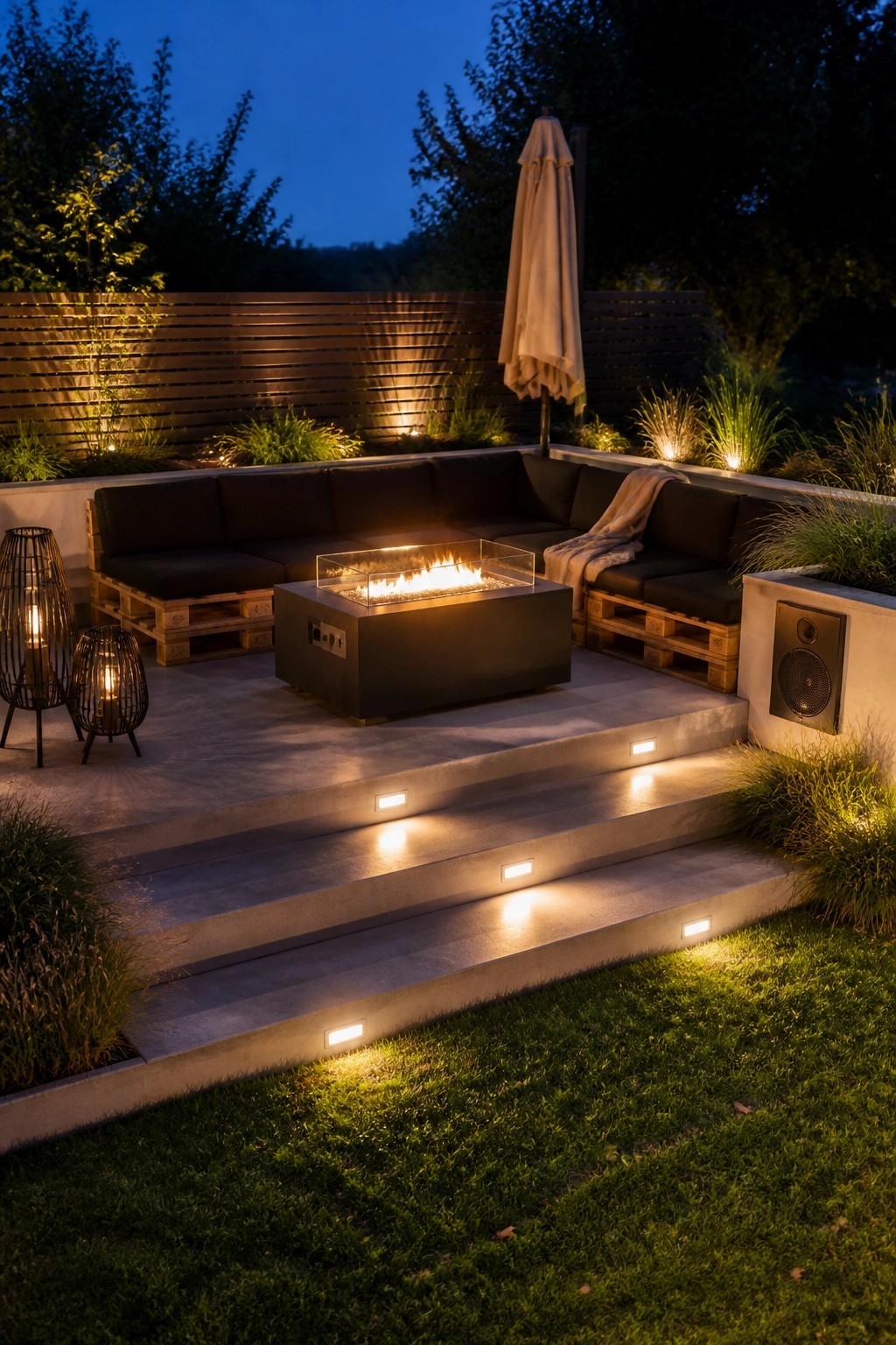 An outdoor patio at dusk shows pallet sofas with black cushions arranged around a rectangular fire pit on a concrete surface, with steps leading down to a lawn.