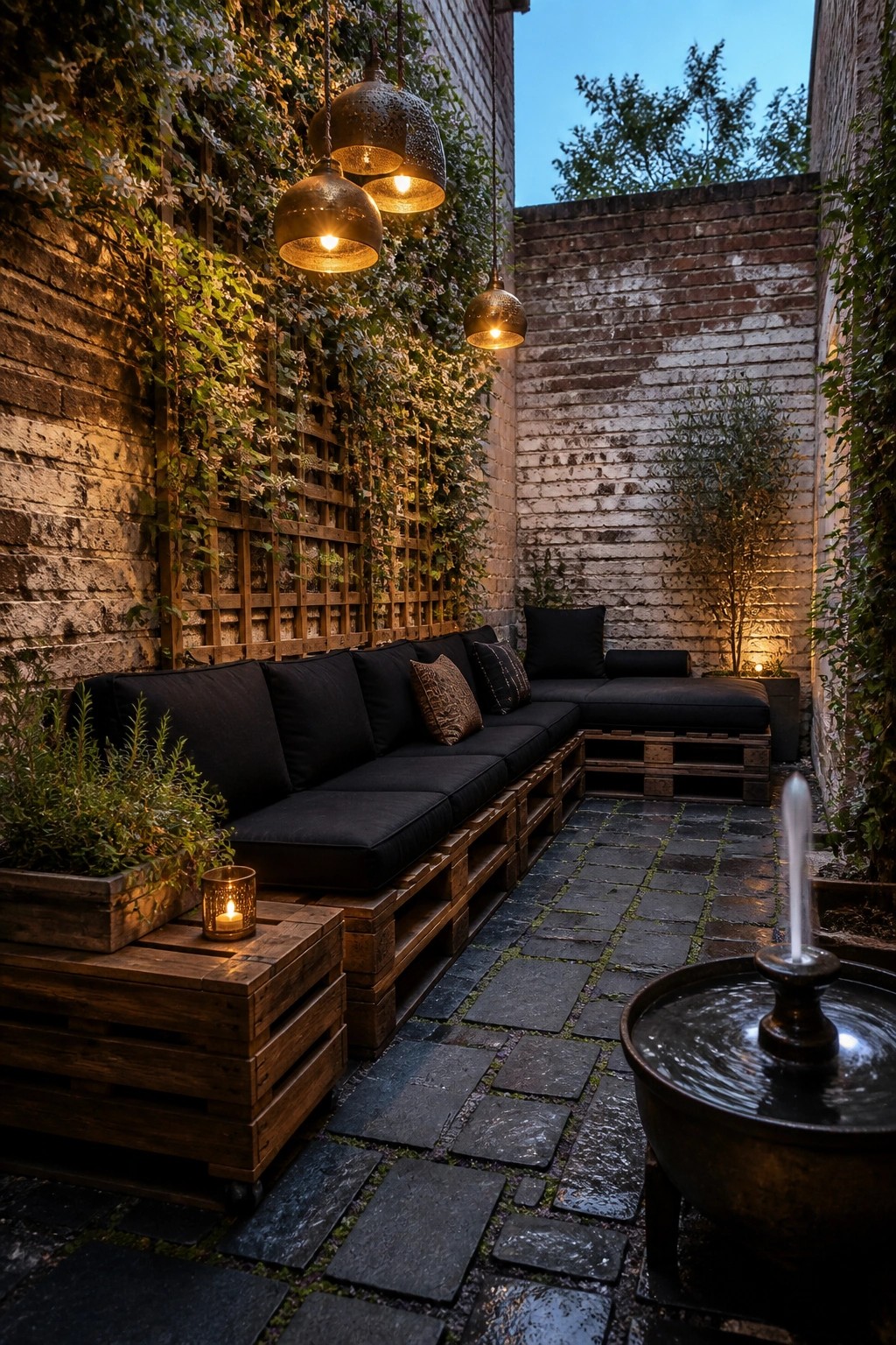 A narrow brick courtyard with a long wooden pallet sofa topped with black cushions, hanging pendant lights, and a small water fountain on a stone floor.