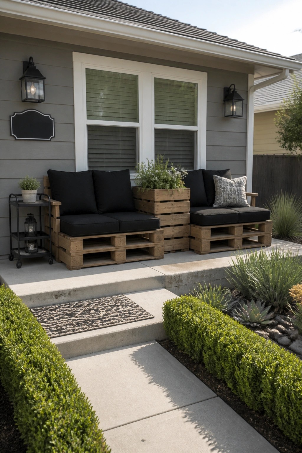 A front porch with low pallet wood benches topped with black cushions, placed in front of a house with gray siding and white window trim.