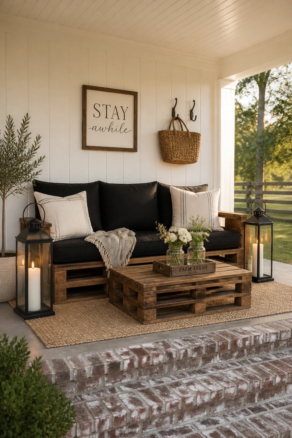 A wooden pallet sofa with black cushions and a matching coffee table sits on a jute rug on a porch, flanked by black lanterns with lit candles.