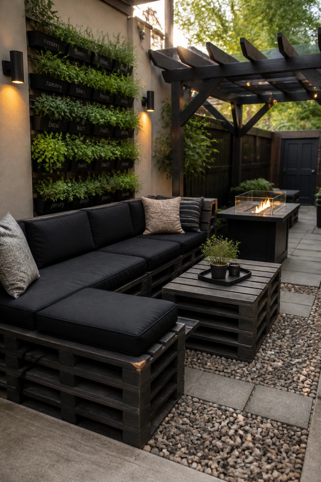 An outdoor patio with a dark-stained wooden pallet sectional sofa topped with black cushions, a matching pallet coffee table, a fire pit, and a vertical herb garden on the wall.