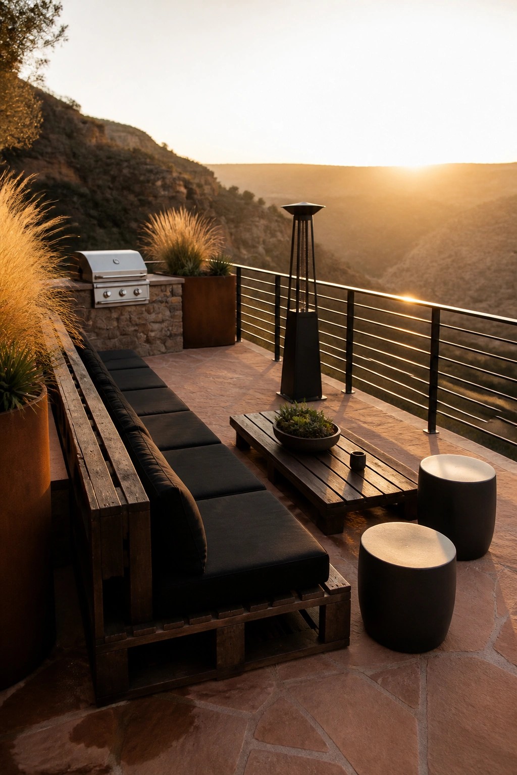 A wooden pallet sofa with black cushions sits on a stone patio beside a low table and two black stools, with a metal railing and distant hills at sunset.