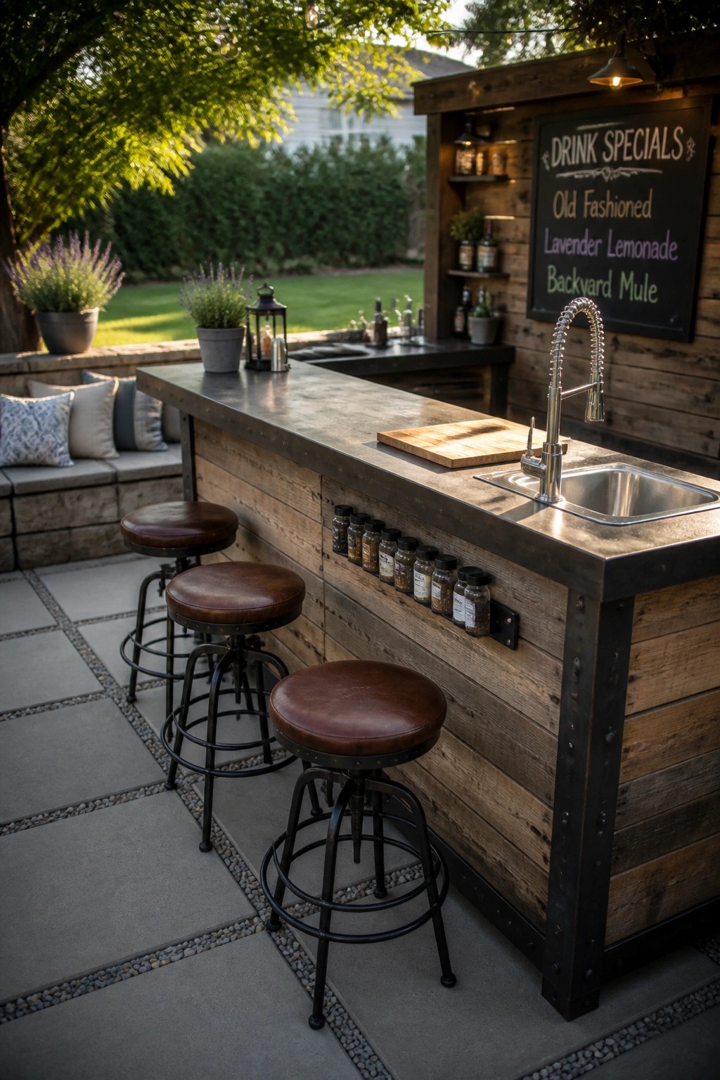 Rustic outdoor bar with wooden stools, metal counter, sink, and chalkboard menu.