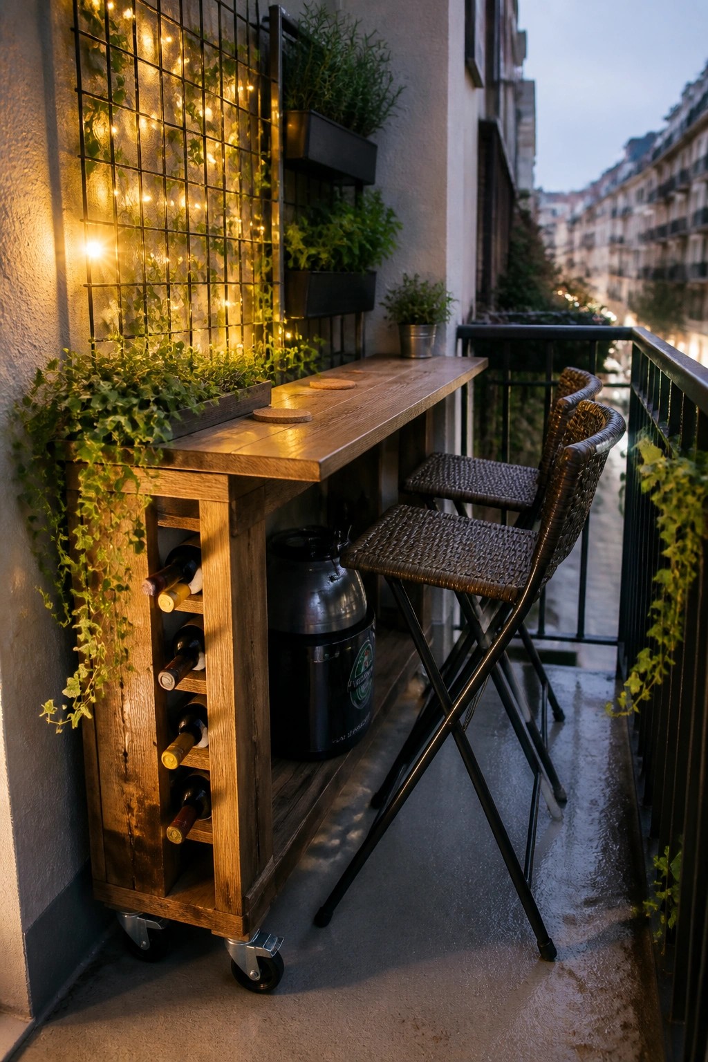 A wooden rolling bar cart with wine bottle storage sits on a balcony beside two woven stools under string lights.