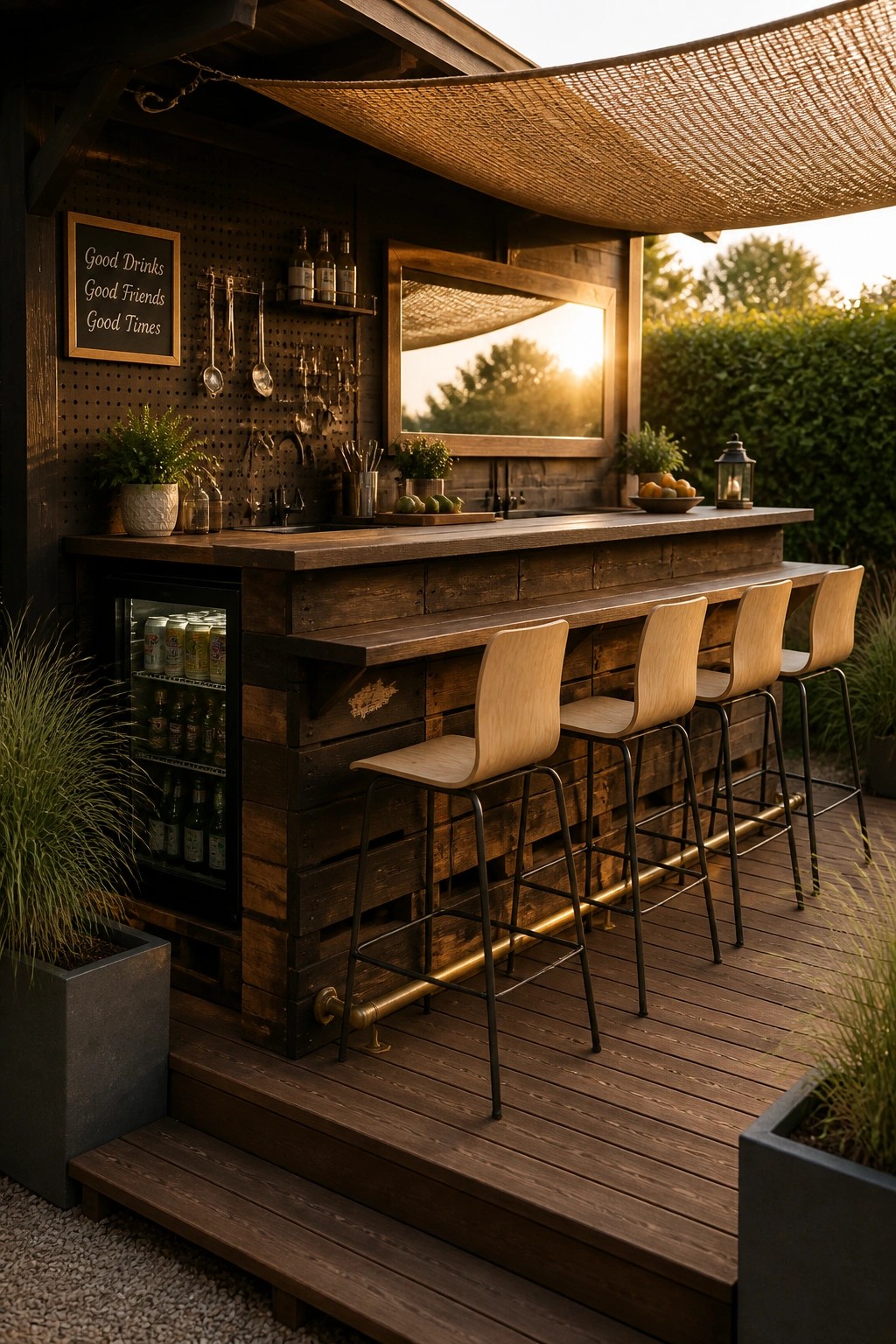 A wooden pallet bar with four bar stools on a deck, featuring a built-in beverage fridge, pegboard wall, and overhead shade sail at sunset.
