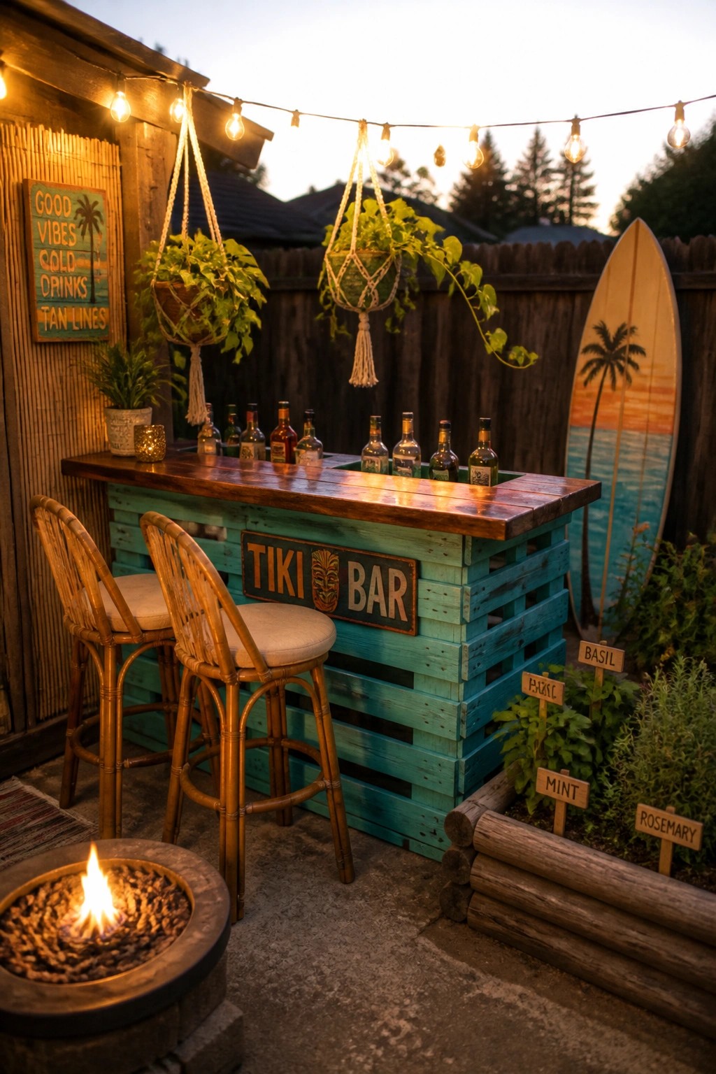 Outdoor turquoise pallet tiki bar with stools, string lights, surfboard and fire pit.