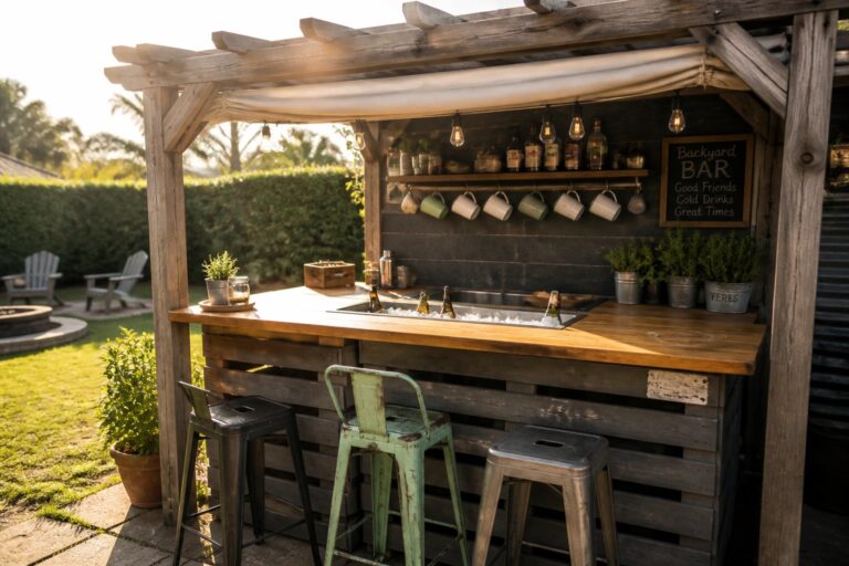 20 Unique Pallet Outdoor Bar Ideas Designed for Cookouts and Backyard Drink Stations Outdoor bar made from stacked wooden pallets with a wooden top, a long ice trough set into the counter, metal stools in front, and string lights overhead.
