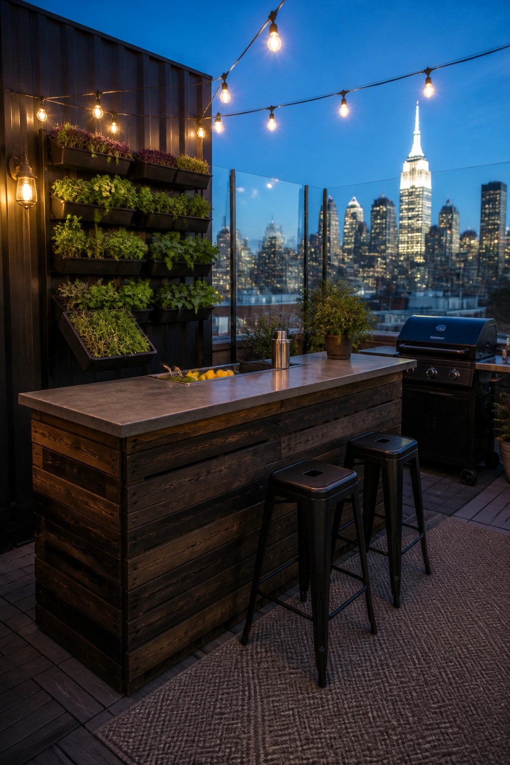 An outdoor bar constructed from dark wooden pallet planks with a concrete countertop, two black metal stools in front, and a vertical wall of planters on the left side, set against a city skyline at dusk.